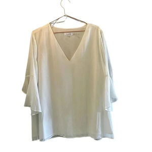 Calvin Klein Women's White Bell Sleeve‎ V-Neck Chiffon Blouse Top Size XL